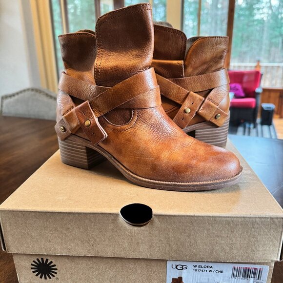 NEW UGG Elora Leather Ankle Boots (Size 6.5) Boho Biker Heeled Chestnut - Picture 2 of 7